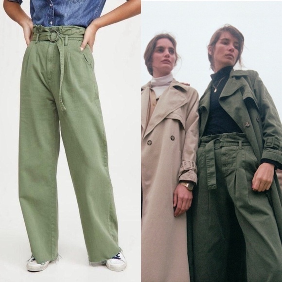 NWT BOYISH 90s Olive High Rise Belted Paperbag Waist Wide Leg Fray Hem Pants 26 - Picture 2 of 10